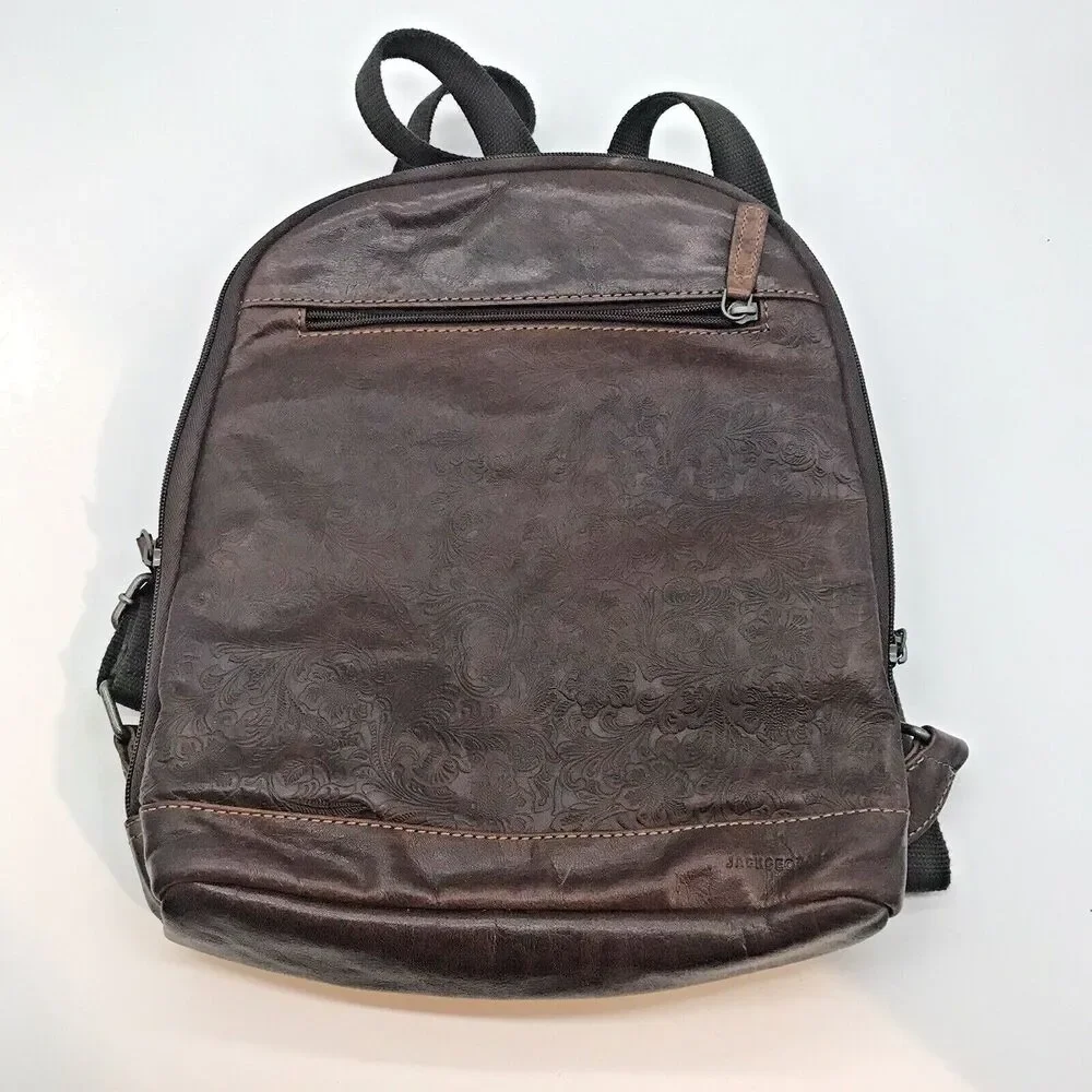 Jack Georges Voyager Convertible Backpack Crossbody Bag Brown Embossed Leather